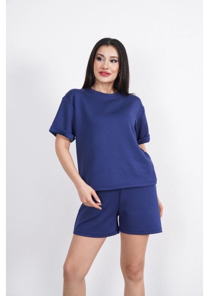 Osy Modal Yumuşak Dokulu Kumaş Bisiklet Yaka T-Shirt Kısa Şort Ikili Takım - Mavi