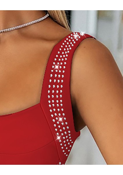 Kadın Askılı Dekolteli Taş Detaylı Kısa Ithal Krep Elbise modelleri