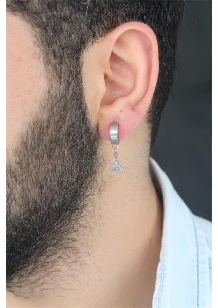 Erb Silver Renk Kaplama Osmanlı Tuğra Figürlü Kıstırmalı Çelik Erkek Küpe