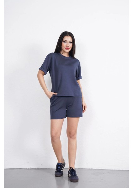 Osy Modal Yumuşak Dokulu Kumaş Bisiklet Yaka T-Shirt Kısa Şort Ikili Takım - Antrasit