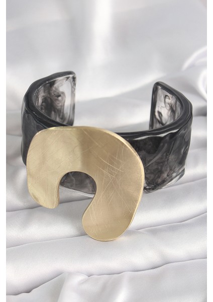Erb Siyah Mermer Desen Akrilik Plastik Gold Nal Model Plaka Vintage Kadın Bilezik