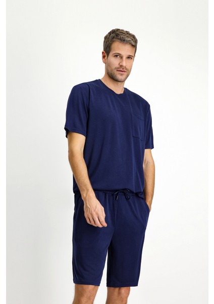 Kısa Kol Bisiklet Yaka 2'li Şortlu Pijama Takımı
