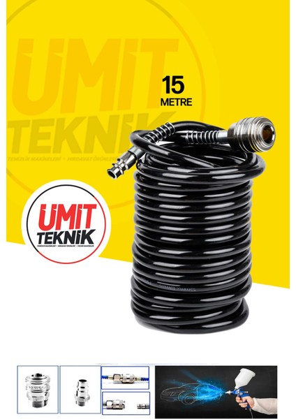 Premium 15 Metre Kompresör Spiral Hava Hortumu 8 mm Hava Tabancası ve Recor Jak Takım