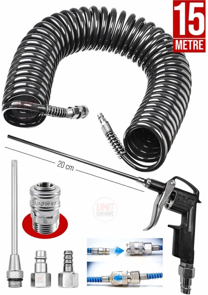 Premium 15 Metre Kompresör Spiral Hava Hortumu 8 mm Hava Tabancası ve Recor Jak Takım