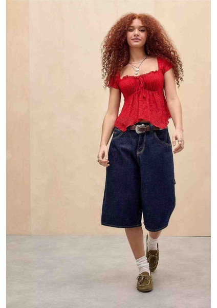 Beli Lastikli Transparan Dantel Bluz