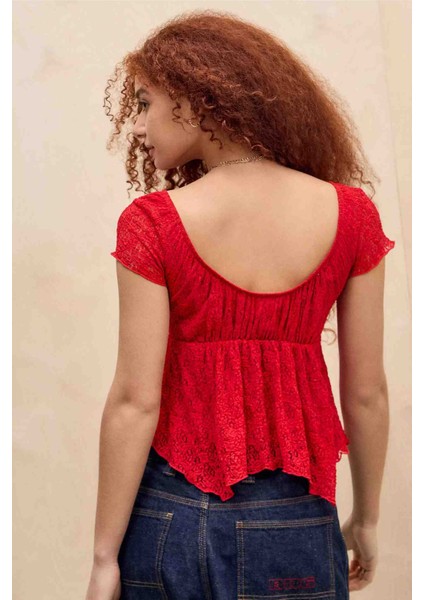 Beli Lastikli Transparan Dantel Bluz