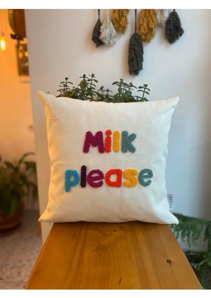 Milk Please Yazılı Renkli Punch Işlemeli Çocuk Odası Kırlent Kılıfı - Çocuk Odası Punch Kırlent Kılıfı