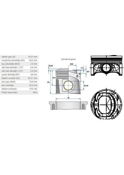 Piston 76,51MM Vag A1 A3 Go5-6 Jet3-4 Pas 07-