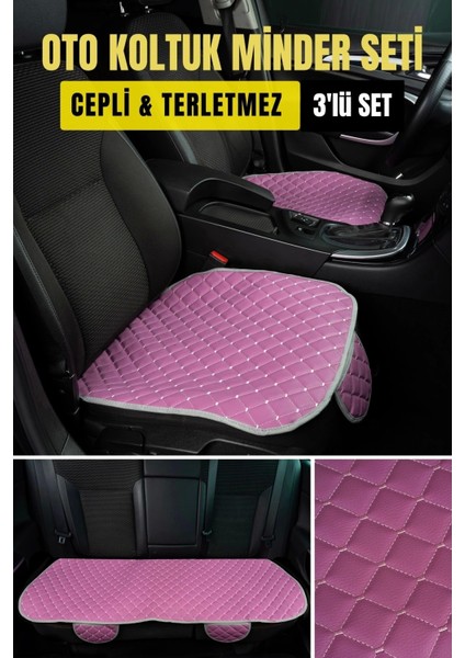 Opel Corsa Deri Silinebilir Cepli Oto Kılıf-Minder Oturak Seti (3 Parça) Pembe