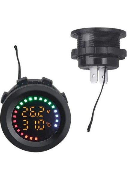 Dijital Akü Voltaj Seviye ve Isı Ölçer 28MM Çap (12-24V Dc) Yuvarlak Panel Tip