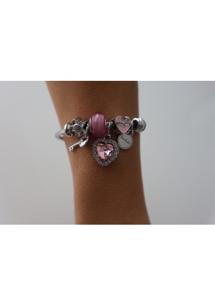Pembe Detaylı Charmlı 316L Çelik Bileklik