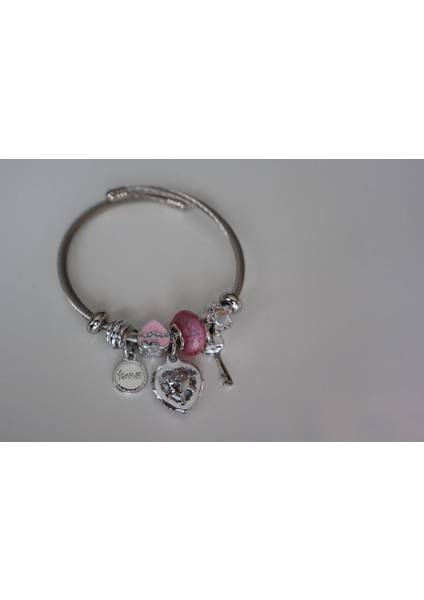 Pembe Detaylı Charmlı 316L Çelik Bileklik
