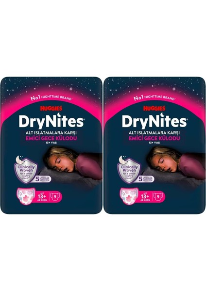 Huggies Drynites Kız Emici Gece Külodu 13+ Yaş 48-60 kg 9'lu 2 Paket 18 Adet