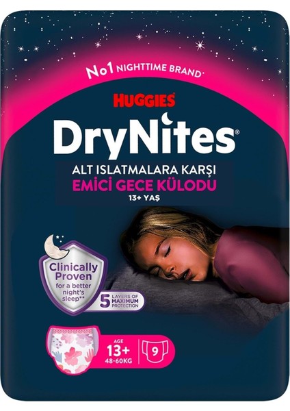 Huggies Drynites Kız Emici Gece Külodu 13+ Yaş 48-60 kg 9'lu 2 Paket 18 Adet