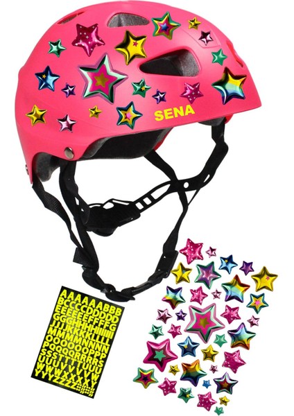 Pembe Çocuk Kaskı Spor Koruyucu Kask Yıldızlar ve Harfler Stickerlı Bisiklet Scooter Paten Ekipmanı