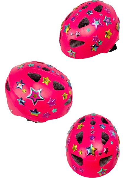 Pembe Çocuk Kaskı Spor Koruyucu Kask Yıldızlar ve Harfler Stickerlı Bisiklet Scooter Paten Ekipmanı