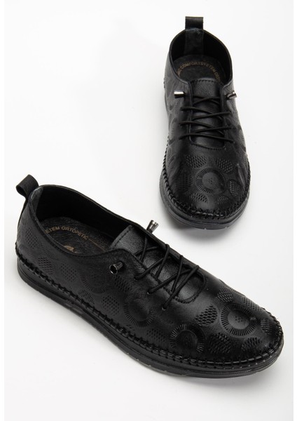 Hakiki Deri Kadın Günlük Ayakkabı Siyah Lazer Baskılı Elastik Bağcıklı Jel Taban