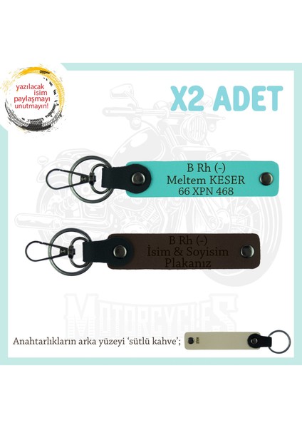 Motor Severlere, Isim Plaka ve B Rh (-) Kan Grubu Yazılı 2li Anahtarlık, Anı Set, K Kahve-Turkuaz-Sk