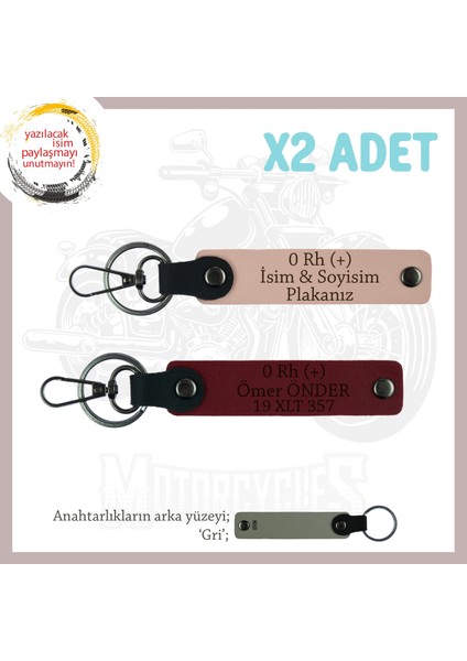Yol Arkadaşlarına Özel, Isim Plaka ve 0 Rh (+) Kan Grubu Yazılı, 2'li Anahtarlık, Yavruağzı-Bordo-Gr