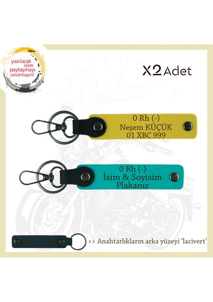 Hız Severlere Özel Isim Plaka, 0 Rh (-) Kan Grubu Yazılı X2 Anahtarlık Hediyesi, K Turkuaz-Sarı-Laci
