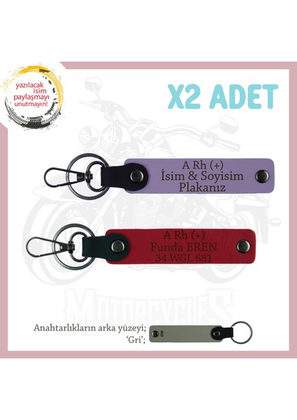 Yol Arkadaşlarına Özel Isim Plaka ve A Rh (+) Kan Grubu Yazılı Kişisel X2 Anahtarlık, Mor-Kırmızı-Gr