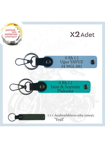Yolların Sürücülerine Isim Plaka ve 0 Rh (-) Kan Grubu Yazılı X2 Deri Anahtarlık, K Turkuaz-Mavi-Ysl