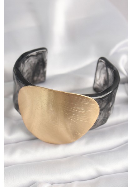 Erb Siyah Mermer Desen Akrilik Plastik Gold Daire Plaka Model Vintage Kadın Bilezik
