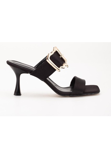 Kadın Topuklu Terlik Siyah Saten Tek Bant Aksesuarlı modelleri