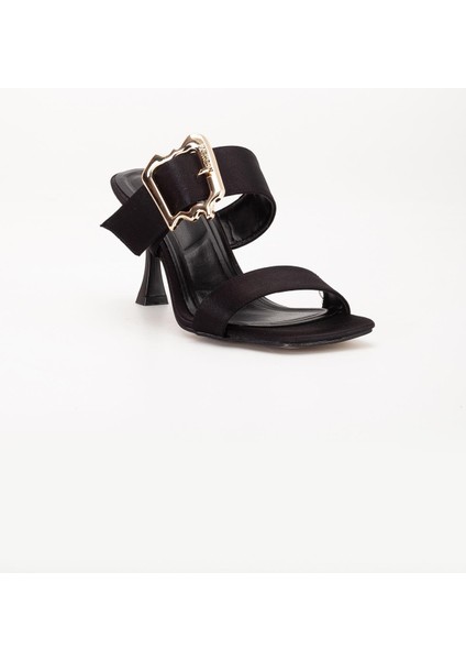 Kadın Topuklu Terlik Siyah Saten Tek Bant Aksesuarlı fırsatları