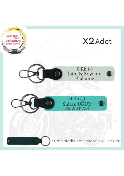 Motor Severler Için, Isim Plaka ve 0 Rh (-) Kan Grubu X2' Li Anahtarlık, Hediye , Beyaz-Turkuaz-Laci