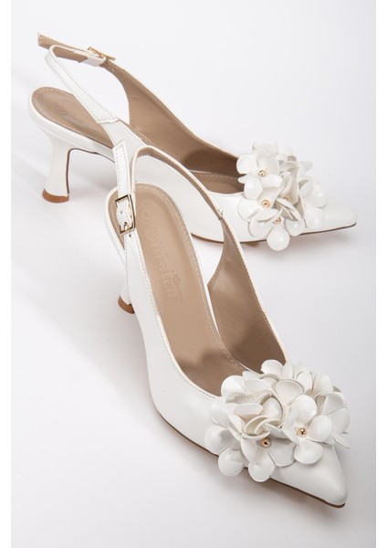 Kadın Stiletto Topuklu Ayakkabı Beyaz Topuk Açık Çiçek Motifli