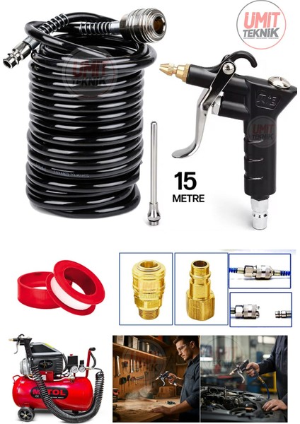 15 Metre Kompresör Spiral Hava Hortumu 8 mm Hava Tabancası ve Recor Jak Takım fiyatları