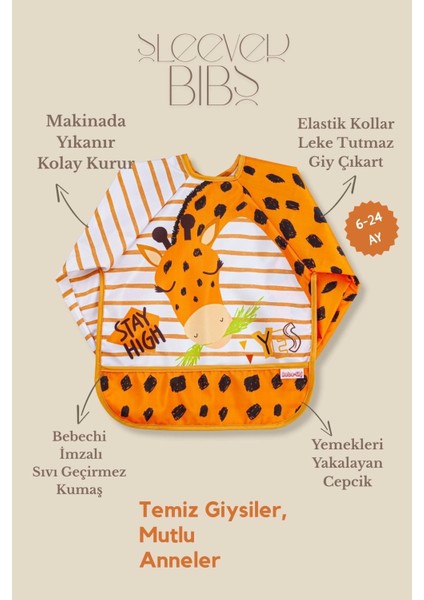 2'li Uzun Kollu Giyilebilir Zürafa-Sevimli Ayı Desen Sıvı Geçirmez Aktivite ve Mama Önlüğü 6-24 Ay