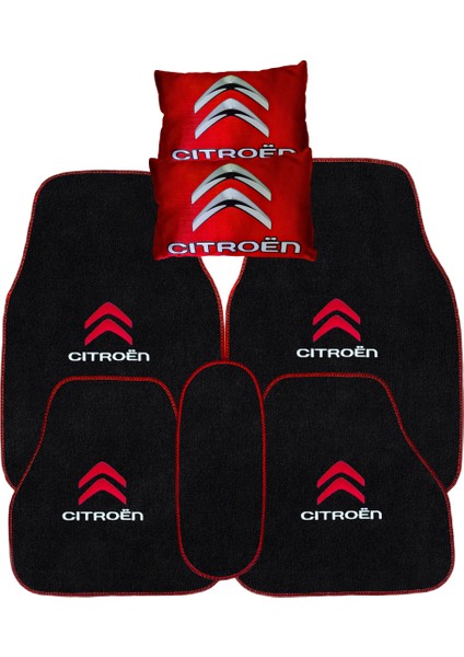Citroen Nakışlı 5 Parça Araç Oto Halı Paspas | Citroen Dijital Baskılı Kırmızı Oto Boyun Yastığı