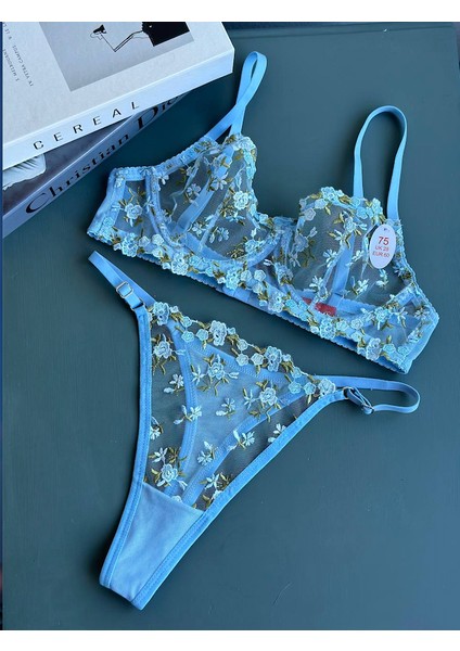 Mavi Çıtır Desen Çiçekli Fantazii Seksii Iç Çamaşır Takımı Kadın Bralette Balenli Sütyen & Tanga String