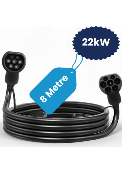 22kW AC Elektrikli Araç Şarj Hızlı Şarj Kablosu, 8 Metre, Tip 2