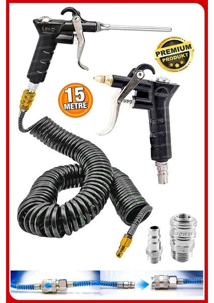 Havalı 15 Metre Kompresör Spiral Hava Hortumu 8 mm 15 mt Hava Jakı Hava Tabancası Recor Paket