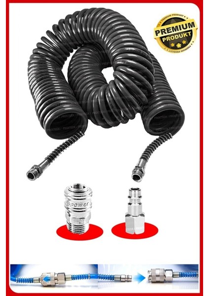 Havalı 15 Metre Kompresör Spiral Hava Hortumu 8 mm 15 mt Hava Jakı Hava Tabancası Recor Paket
