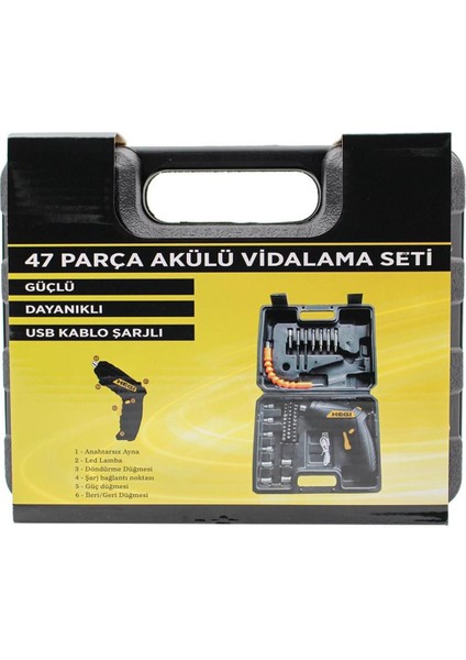 4 Volt Tek Akü 47 Parça Akülü Tornavida Seti Hegi Darbesiz 3.5 - 3.9 Ah 2 Yıl 4 Volt Li-Ion Akülü V