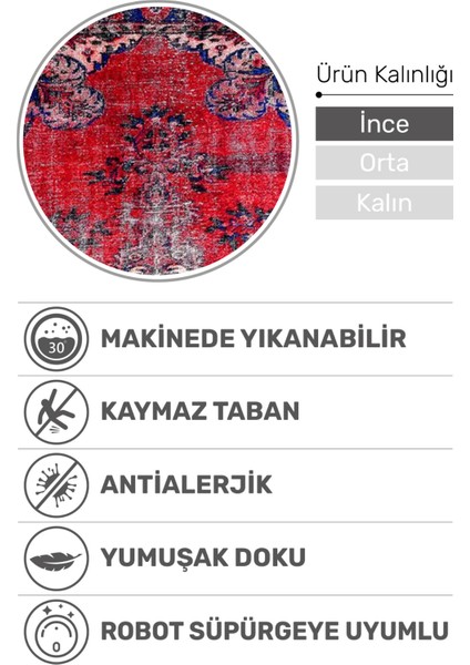 Vintage Kırmızı Eskitme Desenli Dijital Baskı Halı | Kaymaz Taban, Yıkanabilir, Şık ve Zamansız