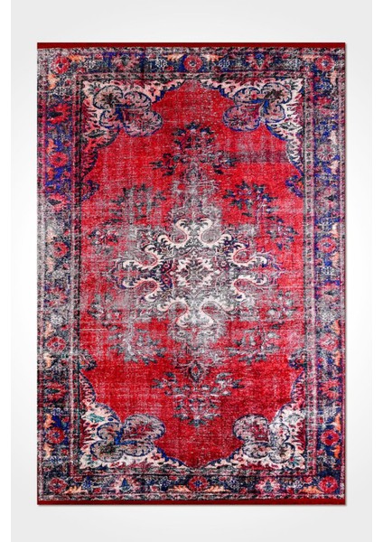 Vintage Kırmızı Eskitme Desenli Dijital Baskı Halı | Kaymaz Taban, Yıkanabilir, Şık ve Zamansız