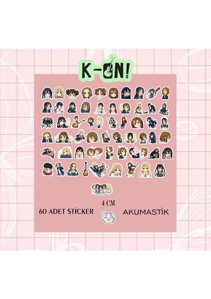 K-On! Sticker Seti 60 Adet - Anime Sticker - Parlak Sticker