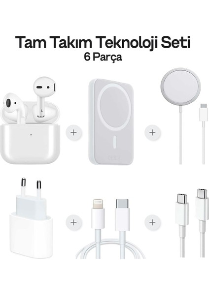 Sbz Apple İphone Tam Takım Set 6 Parça - Bluetooth Kulaklık - Magsafe Powerbank - Magsafe Şarj Aleti - 35W Usb-C Hızlı Şarj Adaptörü - Usb-C to Lightning ve Type-C to Type-C Hızlı Şarj Kablosu