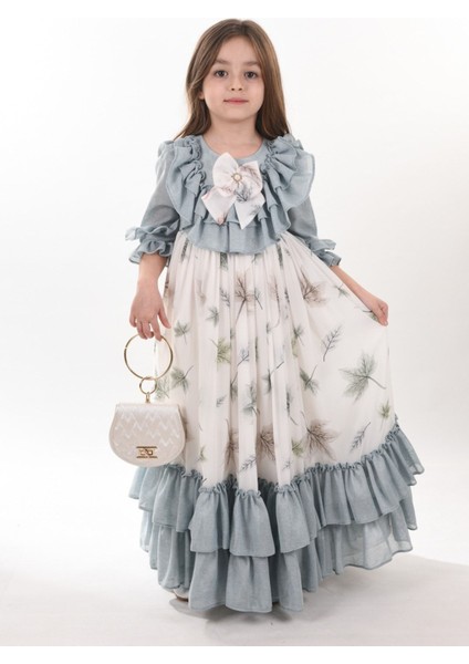 Yaprak Desenli Kız Çocuk Uzun Elbise, Çantalı Kız Çocuk Mezuniyet ELBISESI_M2370