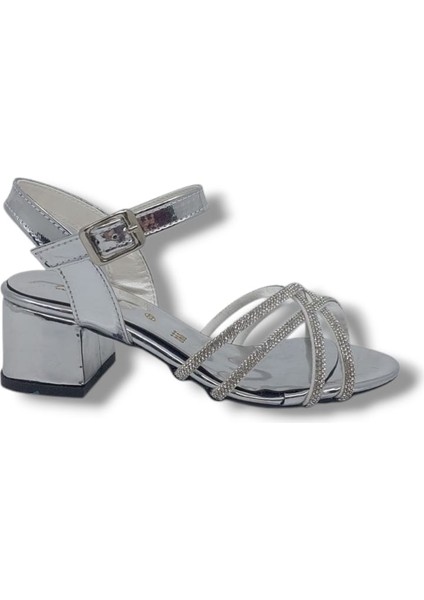 160 Kız Çocuk Gri Taşlı Çapraz Bantlı Topuklu Ayakkabı