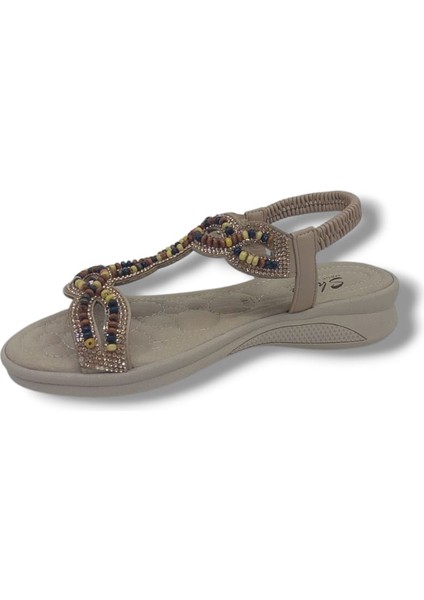 3016 Kadın Bej Lastikli Bocuklu Sandalet