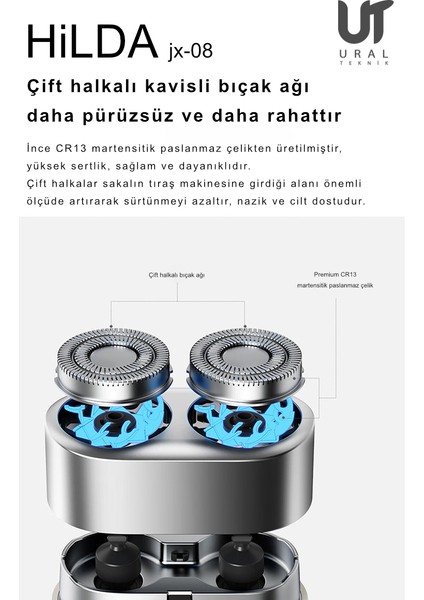 Jx-08 Taşınabilir Şarjlı Su Geçirmez Kompakt Iş, Seyahat, Kamp CR13 Çelik Tıraş Makinesi
