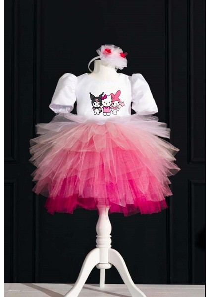 Kuromi & Hello Kitty & My Melody Temalı Kız Çocuk Doğum Günü Elbisesi ve Parti Kostümü (Taçli)
