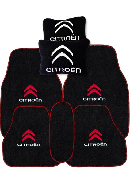 Citroen Nakış Işlemeli 5 Parça Araç Oto Halı Paspas | Citroen Siyah Araç Seyahat Oto Boyun Yastığı