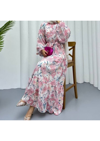 Balon Kollu Çiçekli Şifon Elbise Pembe-Beyaz fiyatları